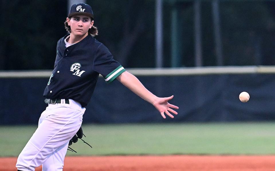 Fort Myers High School pitcher Zach Root tries to catch a line drive during their game with Island Coast High School in the Class 5A-District 10 championship game in Fort Myers, Friday, April 30, 2021.(Photo/Chris Tilley)