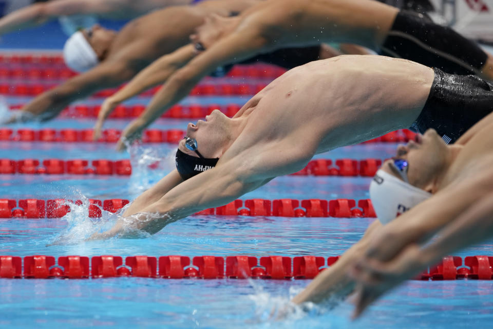 Ryan Murphy of the United States swims during a semifinal in the men's 100-meter backstroke at the 2020 Summer Olympics, Monday, July 26, 2021, in Tokyo, Japan. (AP Photo/Martin Meissner)