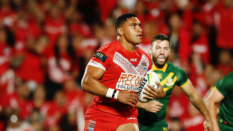 Tevita Pangai Junior of Tonga runs in a try during the International Test match between Tonga and Australia at Mount Smart Stadium. Pic: Getty