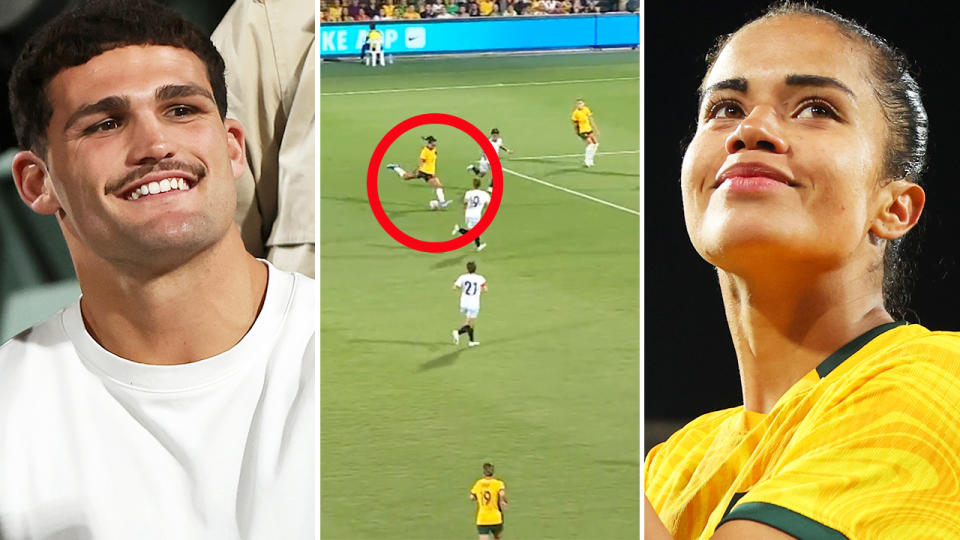 Mary Fowler scored a cracking goal for the Matildas in front of Nathan Cleary.