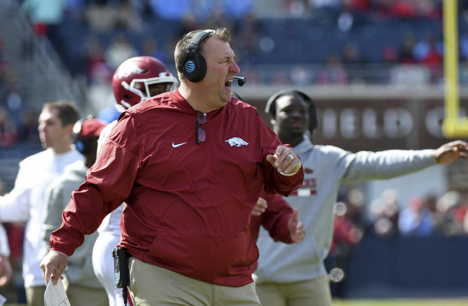 Friday’s game against Missouri will likely be Bret Bielema’s last at Arkansas. (AP Photo/Thomas Graning, File)