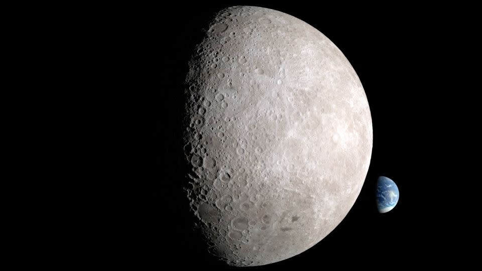 An illustration shows the far side of the moon, with the Earth behind it.  -NASA