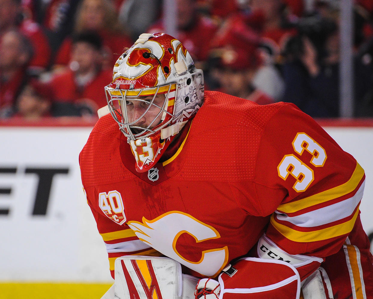 CALGARY, AB - OCTOBER 05: David Rittich #33 of the Calgary Flames in action against the Vancouver Canucks during an NHL game at Scotiabank Saddledome on October 5, 2019 in Calgary, Alberta, Canada. (Photo by Derek Leung/Getty Images)