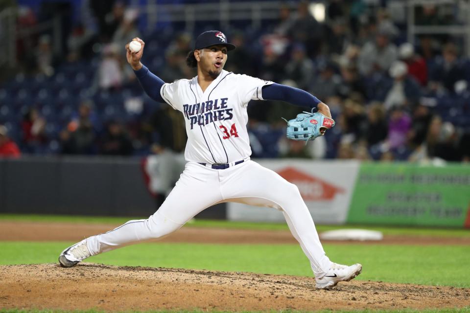 Joander Suarez pitched one inning of relief for the Binghamton Rumble Ponies. The Erie SeaWolves won 9-6 in the first game of the Eastern League championship series on Sept. 25, 2023 in Binghamton.