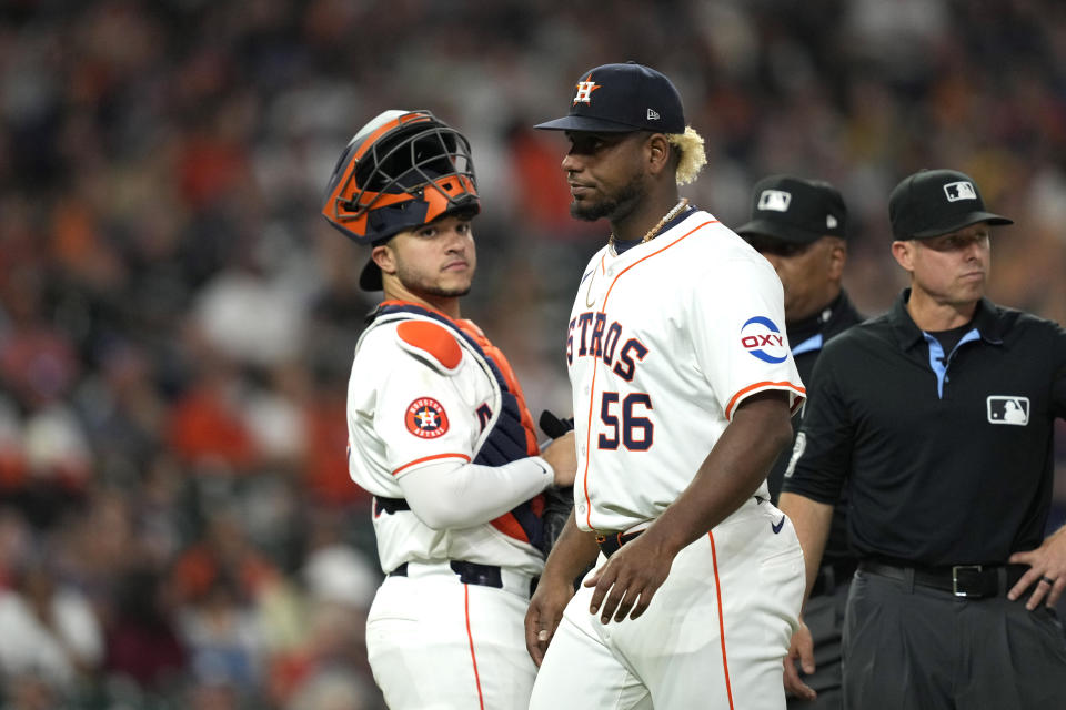 Houston Astros starting pitcher Ronel Blanco (56) leaves the field after being ejected following a foreign substance check during the fourth inning of a baseball game against the Oakland Athletics Tuesday, May 14, 2024, in Houston. (AP Photo/David J. Phillip)