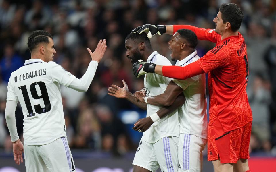 Antonio Ruediger of Real Madrid is congratulated by teammates after blocking a chance for Mason Mount of Chelsea - Getty Images/Angel Martinez