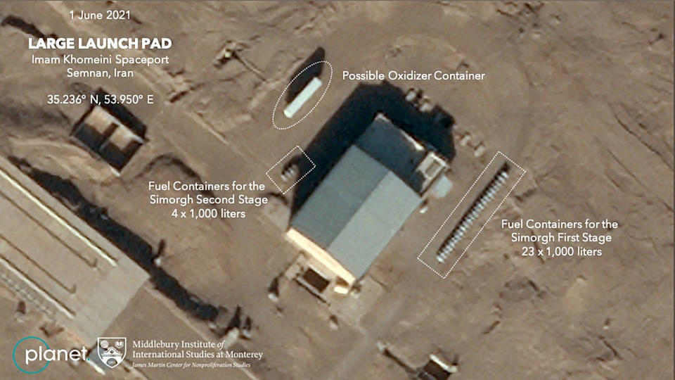 This satellite image provided by Planet Labs Inc. that has been annotated by experts at the James Martin Center for Nonproliferation Studies at Middlebury Institute of International Studies shows preparation at the Imam Khomeini Spaceport in Iran's Semnan province on June 1, 2021 before what experts believe was the launch of a satellite-carrying rocket. Iran likely conducted a failed launch of a satellite-carrying rocket in recent days and now appears to be preparing to try again, their latest effort to advance their space program amid tensions with the West over its tattered nuclear deal. (Planet Labs Inc., James Martin Center for Nonproliferation Studies at Middlebury Institute of International Studies via AP)