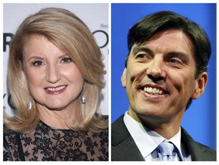 A file combination photo shows Arianna Huffington (L) arriving for Glamour Magazine's "Women Of The Year" event in New York on November 11, 2013, and Chairman and CEO of AOL Tim Armstrong smiling during a panel session at The Cable Show in Boston, Massachusetts on May 21, 2012. REUTERS/Carlo Allegri/Jessica Rinaldi/Files