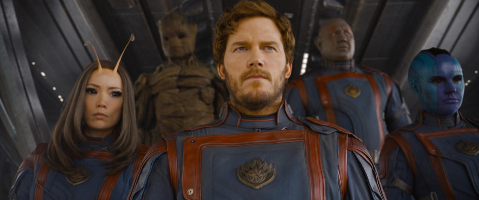 Pom Klementieff as Mantis, Groot (voiced by Vin Diesel), Chris Pratt as Peter Quill/Star-Lord, Dave Bautista as Drax, Karen Gillan as Nebula in Guardians of the Galaxy Vol. 3. (Still: Marvel Studios)