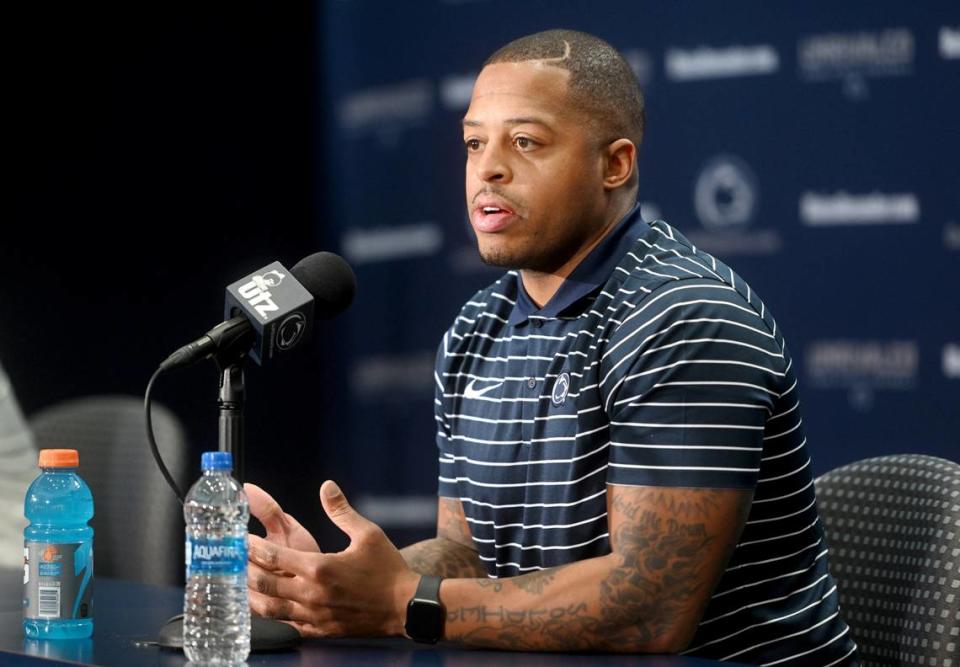 Penn State football wide receivers coach Marques Hagans speaks Tuesday during a media availability. Abby Drey/adrey@centredaily.com