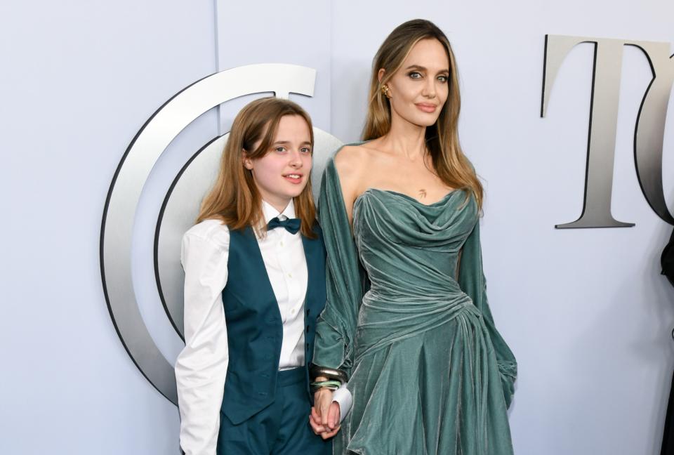 Vivienne Jolie-Pitt, left, and Angelina Jolie at the 77th Annual Tony Awards held at the David H. Koch Theater at Lincoln Center on June 16 in New York City.