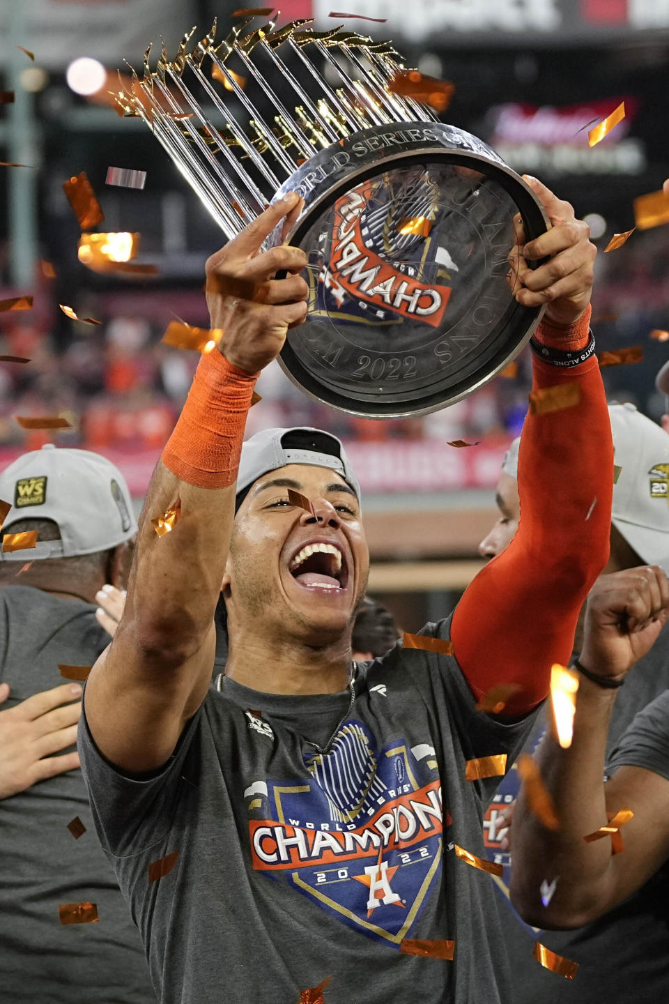 Houston Astros shortstop Jeremy Pena celebrates after their 4-1 World Series win against the Philadelphia Phillies in Game 6 on Saturday, Nov. 5, 2022, in Houston. (AP Photo/David J. Phillip)