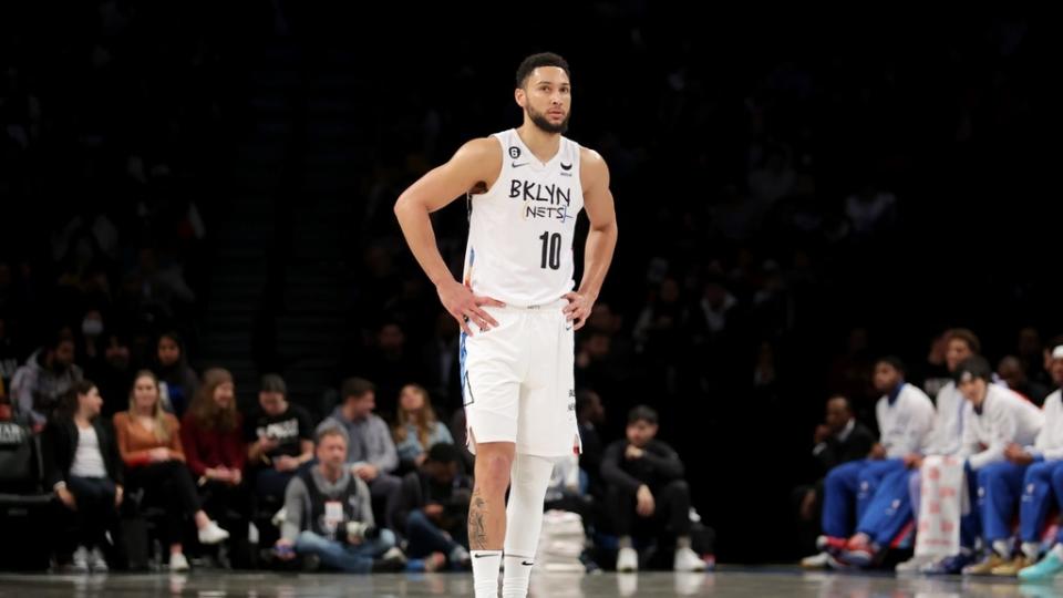Brooklyn Nets guard Ben Simmons stands alone during the first quarter against the Detroit Pistons.