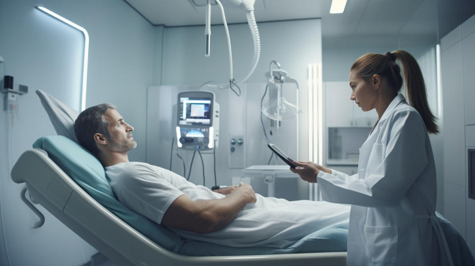 A doctor presenting a new diagnostic test to a patient in an exam room.