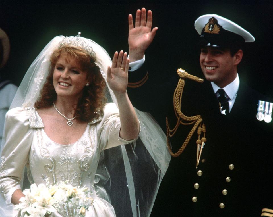 <p>When Fergie walked down the aisle, her gown held a great deal of significance, according to the <a href="http://articles.latimes.com/1986-07-24/news/mn-31456_1_royal-wedding" rel="nofollow noopener" target="_blank" data-ylk="slk:Los Angeles Times;elm:context_link;itc:0" class="link "><em>Los Angeles Times</em></a>. The gown itself was beaded with bees and thistles, representing the bride’s coat of arms. Anchors and waves were embroidered on her veil to signify hubby Andrew’s position as an officer in the Royal Navy, along with his monogram. Finally, four S’s for Sarah were beaded on the bodice.</p>
