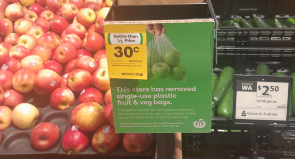 Woolworths mesh produce bags on sale for 30c for a pack of three at a WA store.  Source. Reddit.