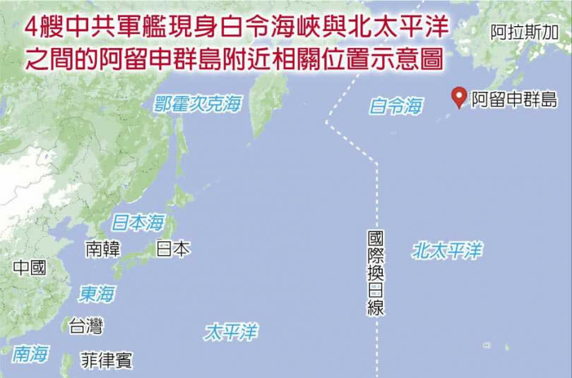 4艘中共軍艦現身白令海峽與北太平洋之間的阿留申群島附近相關位置示意圖