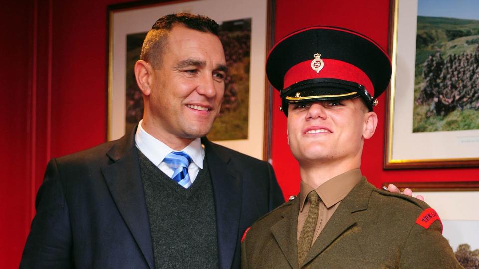 Vinnie Jones with his son Junior Soldier Aaron Ellison-Jones after his passing out parade at the Army Foundation College, Harrogate, North Yorkshire