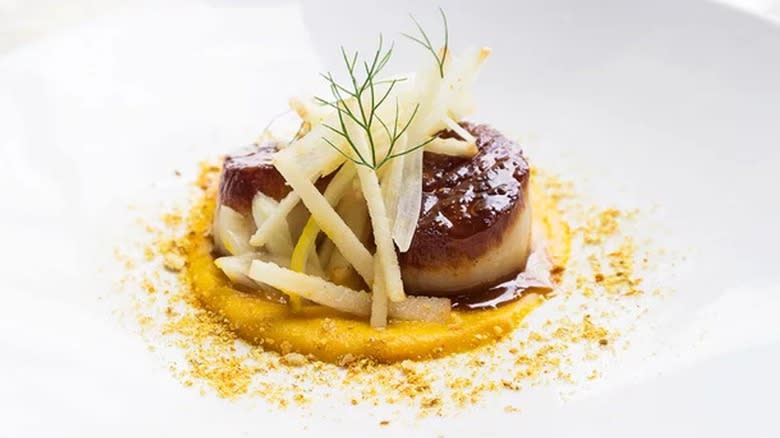 Closeup of scallops and squash purée on a plate