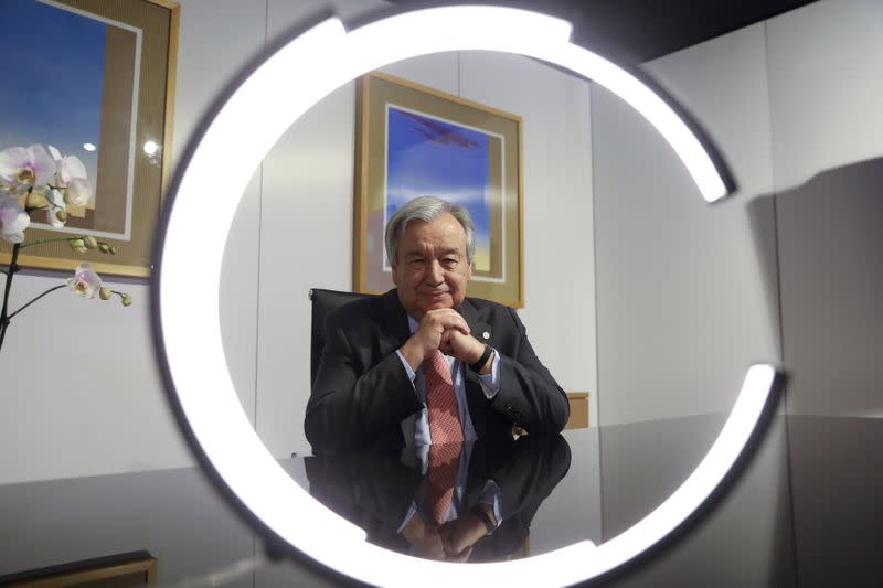 United Nations Secretary-General Antonio Guterres attends an interview with Reuters