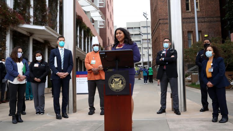 San Francisco Mayor London Breed And Essential Workers Mark One-Year Since Covid Lockdowns In Bay Area