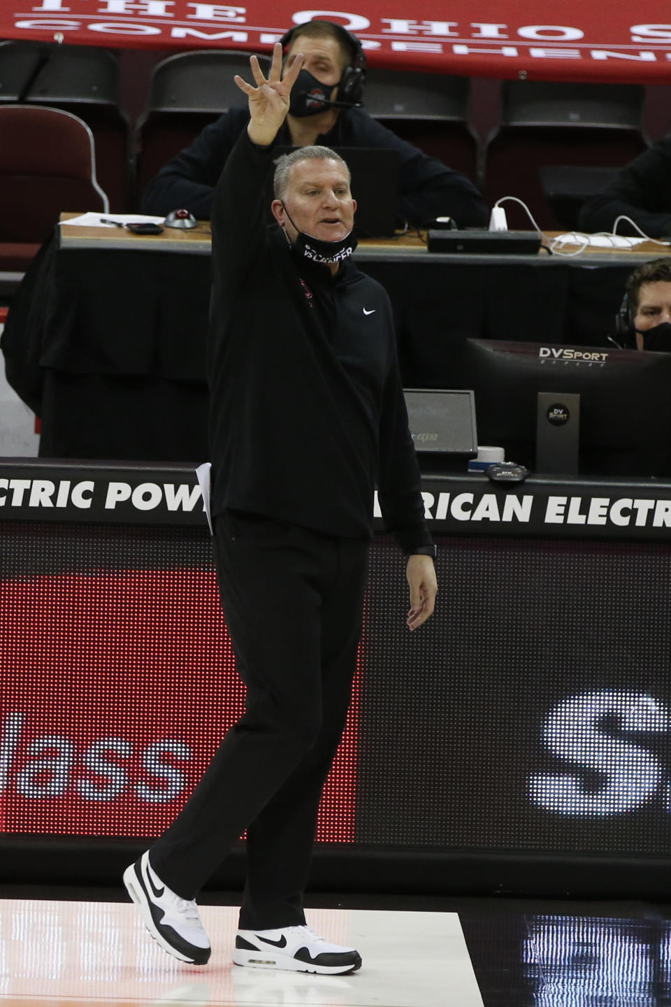 Penn State head caoch Jim Ferry signals his team against Ohio State during the second half of an NCAA college basketball game Wednesday, Jan. 27, 2021, in Columbus, Ohio. Ohio State beat Penn State 83-79. (AP Photo/Jay LaPrete)