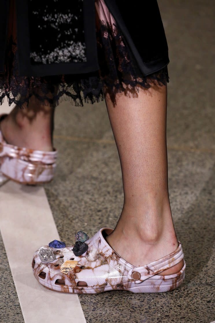 Designer Christopher Kane’s Crocs on the runway in September 2016. (Photo: Getty Images)