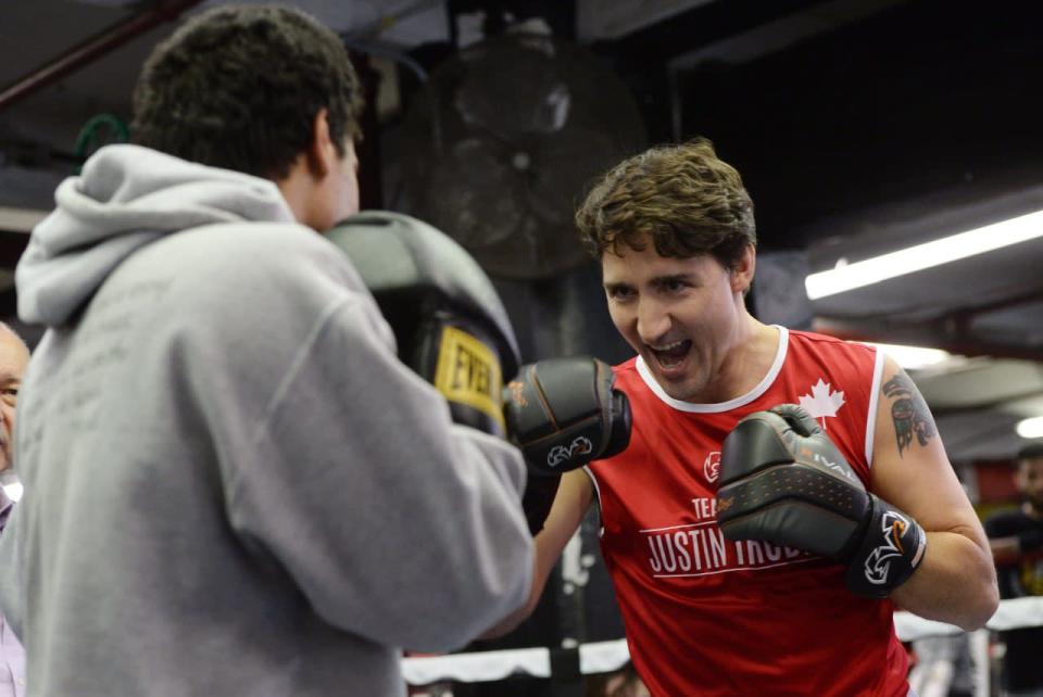 Prime Minister Justin Trudeau spars with Keone, 18, at the Gleason’s Boxing Gym in Brooklyn, New York on Thursday, April 21, 2016. THE CANADIAN PRESS/Sean Kilpatrick