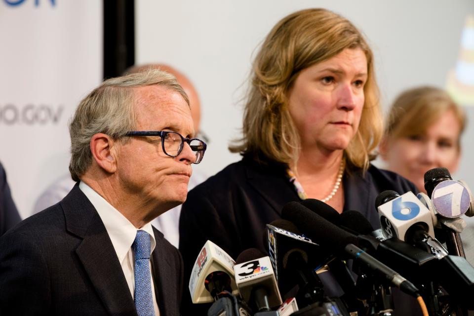 Governor Mike DeWine speaks during a press conference about a mass shooting that left ten dead, including the shooter, and 26 injured along the 400 block of E. Fifth Street, Sunday, Aug. 4, 2019, in Dayton, Ohio.