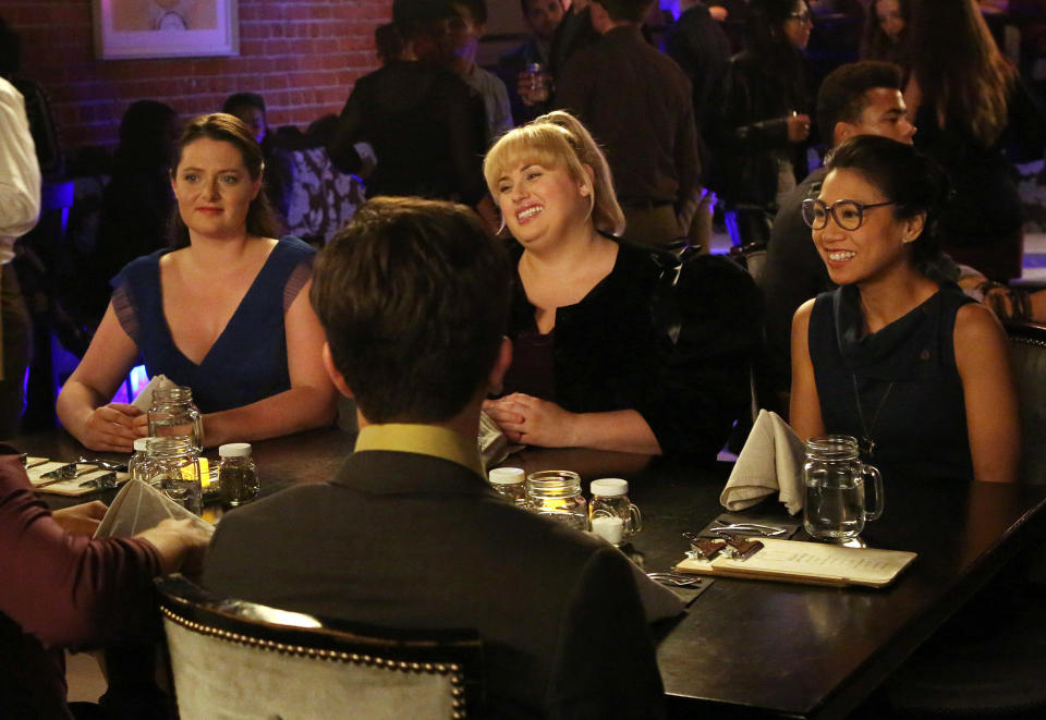 This image released by ABC shows, from left, Lauren Ash, Rebel Wilson and Liza Lapira in a scene from "Super Fun Night," premiering Wednesday, Oct. 2, at 9:30 p.m. EST on ABC. (AP Photo/ABC, Carol Kaelson)