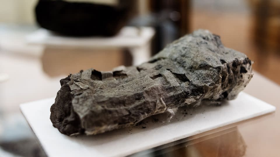 The scroll was one of hundreds recovered from the remains of a lavish villa in Herculaneum, which along with Pompeii was one of several Roman cities destroyed when Mount Vesuvius erupted in 79 AD.  -Salvatore Laporta/AP