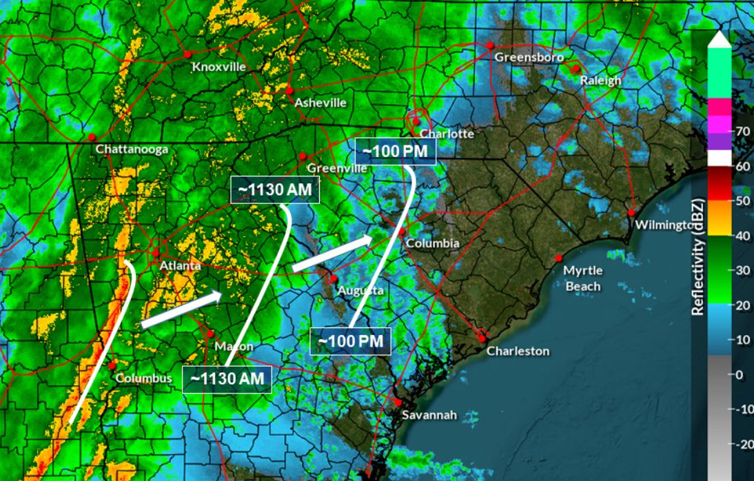 The National Weather Service in Columbia released a rough timing Tuesday morning of when the storm's line could reach the Augusta area.