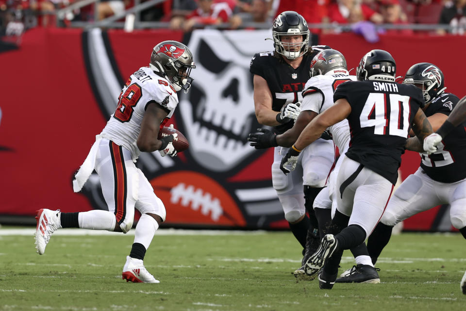 Tampa Bay Buccaneers linebacker Shaquil Barrett (58) intercepts a pass by Atlanta Falcons quarterback Matt Ryan during the second half of an NFL football game Sunday, Sept. 19, 2021, in Tampa, Fla. (AP Photo/Mark LoMoglio)