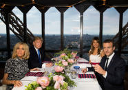 <p>President Donald Trump, first lady Melania Trump, French President Emmanuel Macron his wife Brigitte Macron, sit for dinner at the Jules Verne Restaurant on the Eiffel Tower in Paris, Thursday, July 13, 2017. (Photo: Carolyn Kaster/AP) </p>