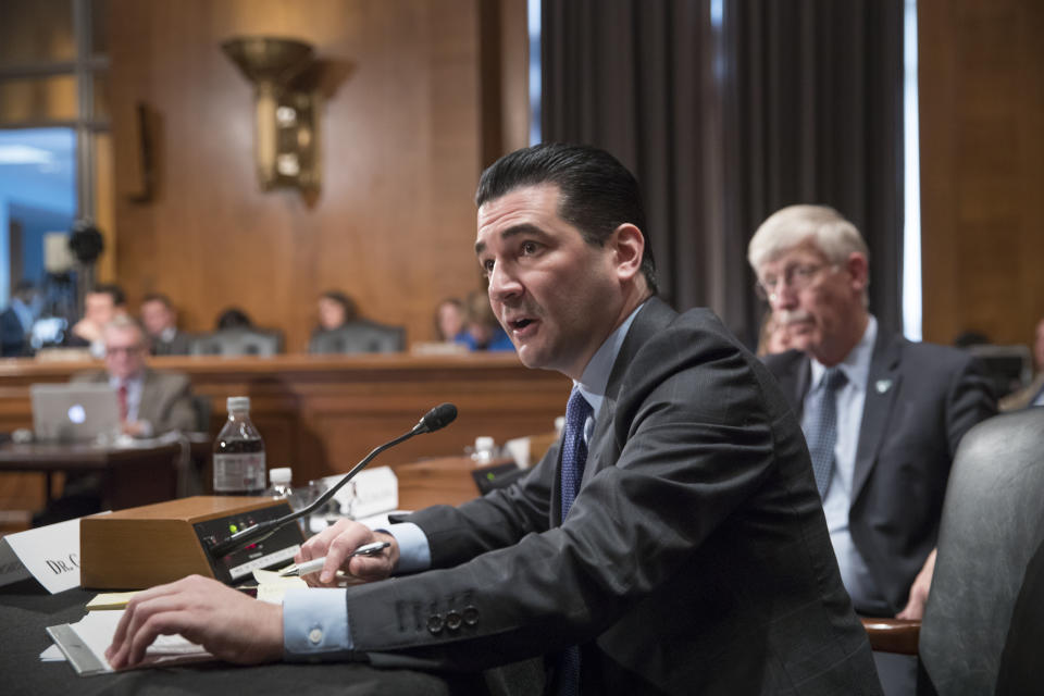 Scott Gottlieb, commissioner of the Food and Drug Administration, answers a question as the Senate Committee on Health, Education, Labor and Pensions examines the federal response to the opioid addiction crisis, at the Capitol in 2017 in Washington. (J. Scott Applewhite/AP)