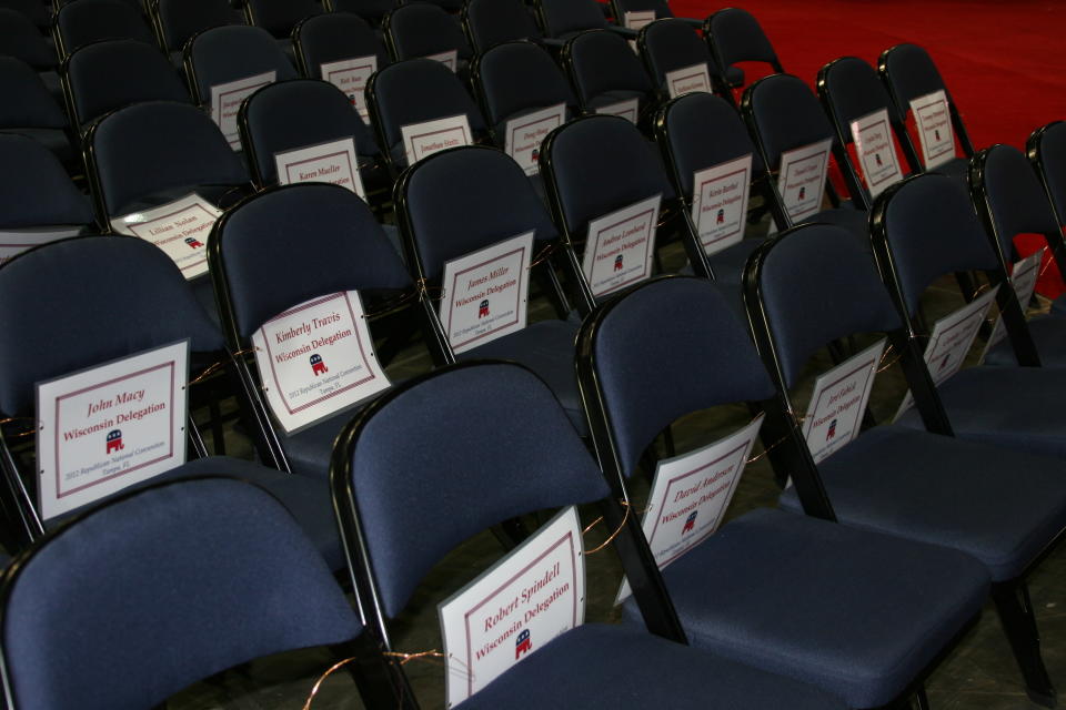 Delegate seating assignments line the chairs in the forum at the Republican National Convention on Monday, Aug. 27, 2012. (Torrey AndersonSchoepe/Yahoo! News)