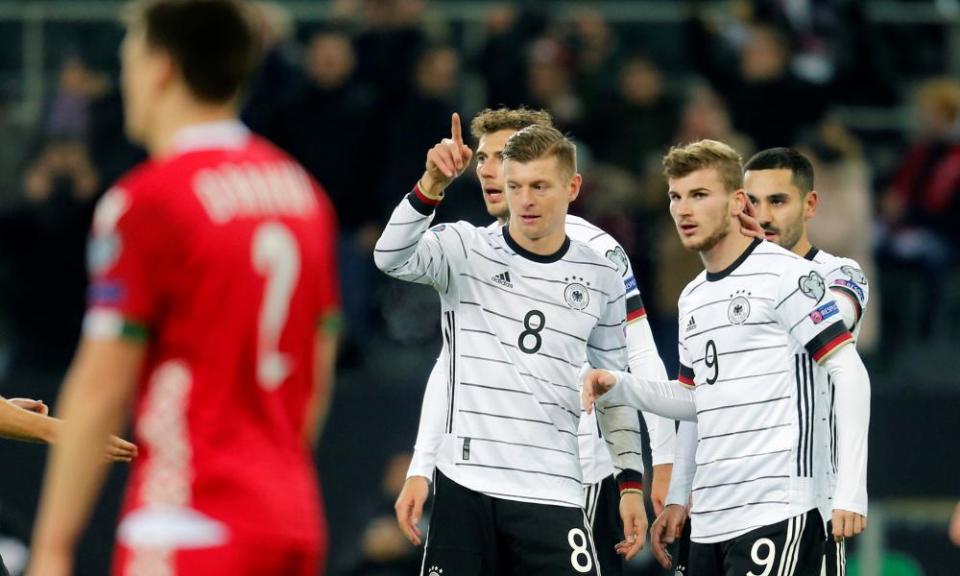 Toni Kroos celebrates his first, and Germany’s third, goal in Mönchengladbach.