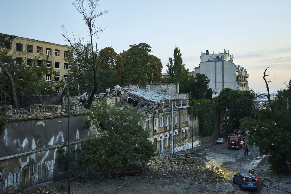 A building is seen heavily damaged following Russian missile attacks in Odesa, Ukraine, Sunday, July 23, 2023. (AP Photo/Libkos)
