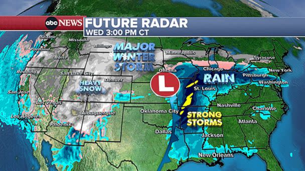 PHOTO: The storm will begin its path across the country in the northwest, bringing heavy snow to the mountains of Montana, Idaho, and Wyoming before moving southeast into the nation’s Heartland and strengthening into a huge storm system. (ABC News)