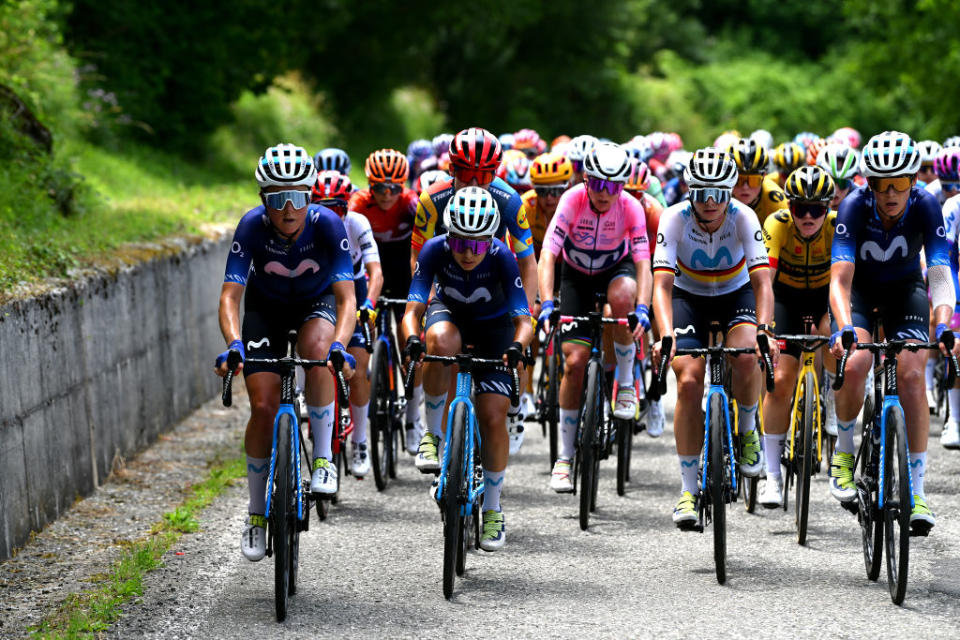 BORGO VAL DI TORO ITALY  JULY 03 LR Floortje Mackaij of The Netherlands and Movistar Team Niamh FisherBlack of New Zealand and Team SD Worx Annemiek Van Vleuten of The Netherlands  Pink Leader Jersey Liane Lippert of Germany and Aude Biannic of France and Movistar Team compete during the 34th Giro dItalia Donne 2023 Stage 4 a 134km stage from Fidenza to Borgo Val di Toro  UCIWWT  on July 03 2023 in Borgo Val di Toro Italy Photo by Dario BelingheriGetty Images