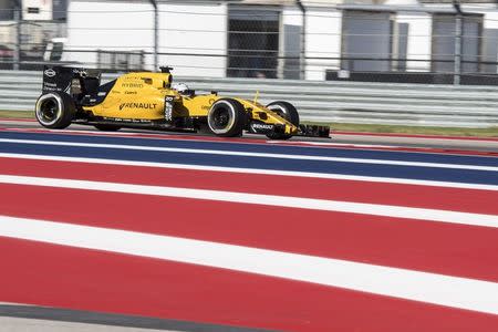 Oct 22, 2016; Austin, TX, USA; Renault Sport driver Kevin Magnussen (20) of Denmark drives during practice for the United States Grand Prix at Circuit of the Americas. Mandatory Credit: Jerome Miron-USA TODAY Sports