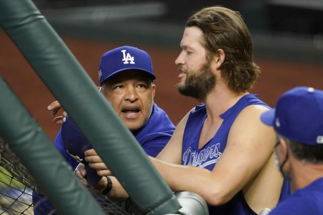 Los Angeles Dodgers starting pitcher Clayton Kershaw throws against the  Atlanta Braves during the second inning in Game 4 of a baseball National  League Championship Series Thursday, Oct. 15, 2020, in Arlington