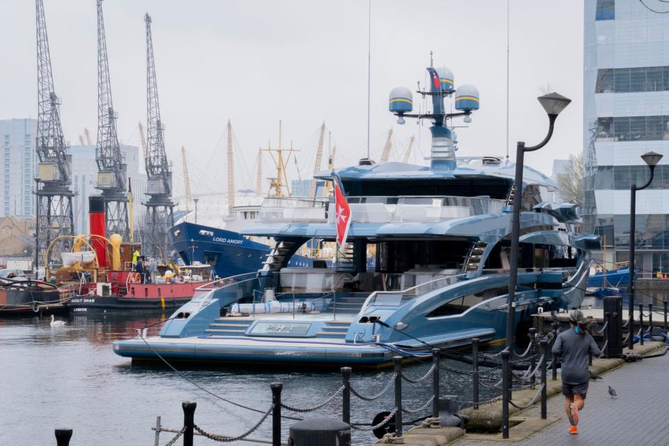 The 38 million pounds worth super-yacht 'Phi' seized in London Docklands, impounded by the UK's National Crime Agency (NCA) because of sanctions against Putin associates during the Russian invasion of Ukraine, on March 30. The yacht is believed to be owned by a Russian businessman with links to Russian dictator Vladimir Putin. The boat carries the Maltese flag with a registration stating Valletta, a well-known haven for Russian money. (Photo by Richard Baker / In Pictures via Getty Images)