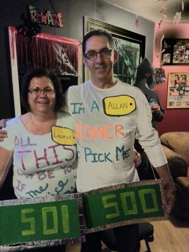 Man and woman with name tags on and hold price displays