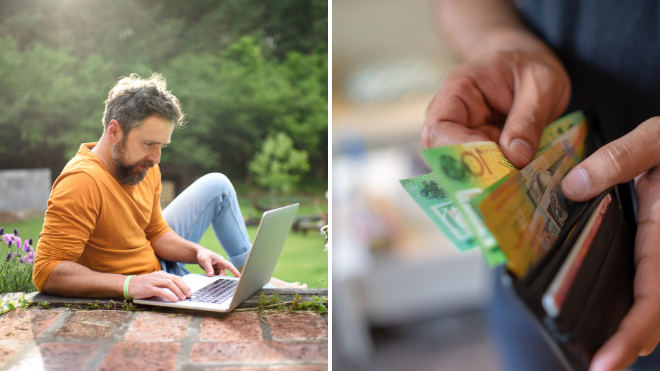 A man working his job on a laptop while outside in a garden and a person removing $100 notes from a wallet.