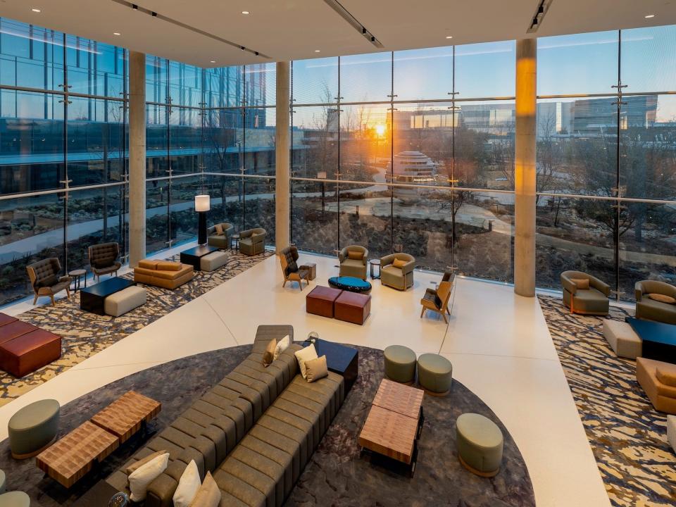 The lobby of American's employee-only hotel in Dallas/Fort Worth.