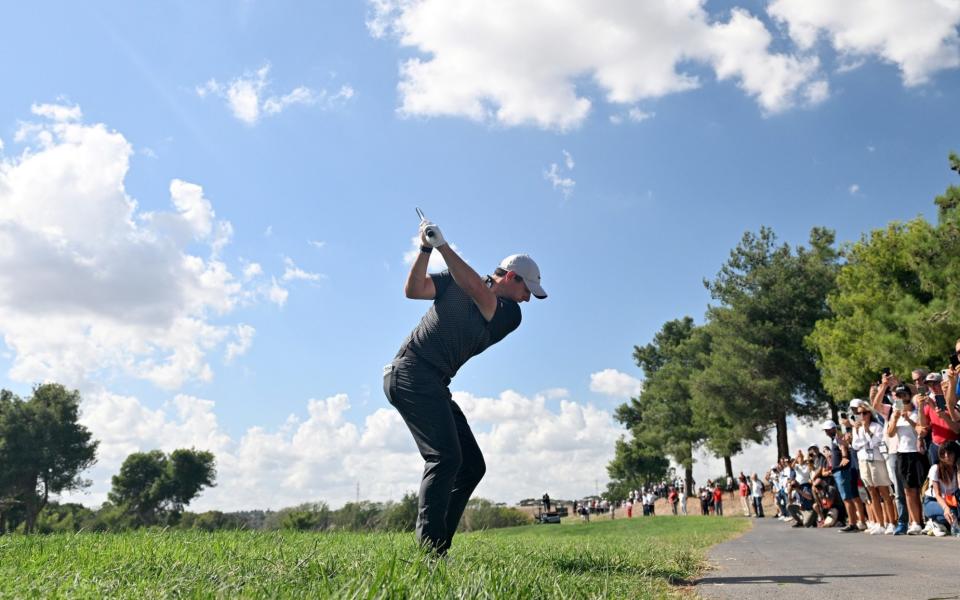 Rory McIlroy of Northern Ireland hits his second shot on the 2nd hole on Day Two of the DS Automobiles Italian Open 2022 at Marco Simone Golf Club on September 16, 2022 in Rome, Italy