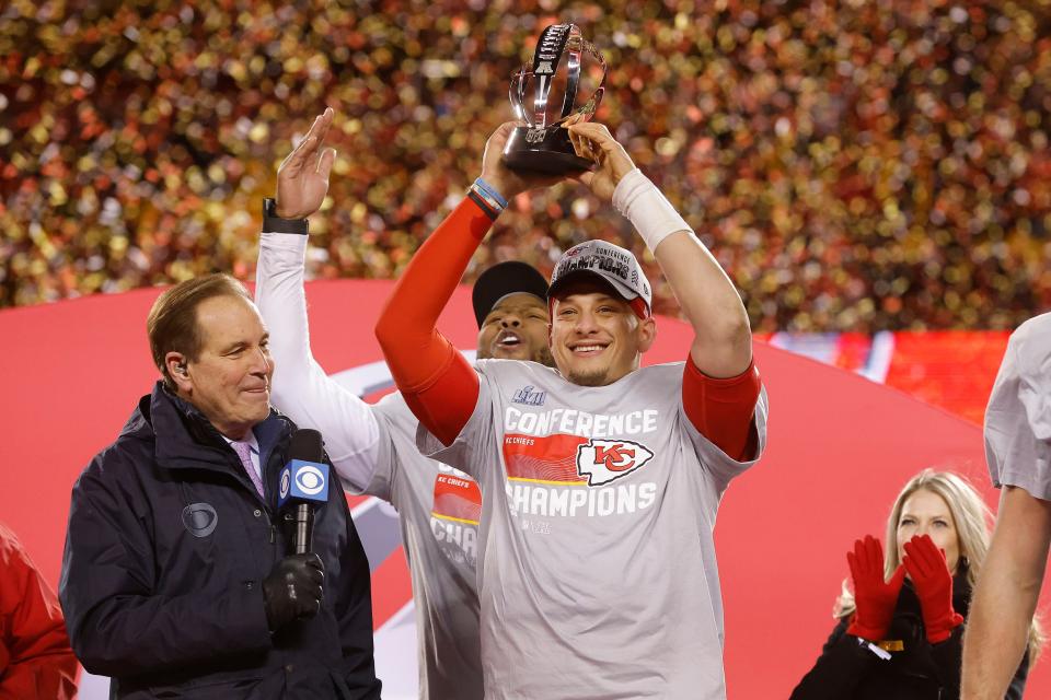 KANSAS CITY, MISSOURI - JANUARY 29: Patrick Mahomes #15 of the Kansas City Chiefs celebrates with the Lamar Hunt Trophy after defeating the Cincinnati Bengals 23-20 in the AFC Championship Game at GEHA Field at Arrowhead Stadium on January 29, 2023 in Kansas City, Missouri. (Photo by David Eulitt/Getty Images)