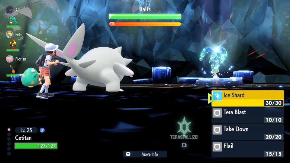 In raid battles, you can fight together with up to four friends to take down terastallized Pokémon.