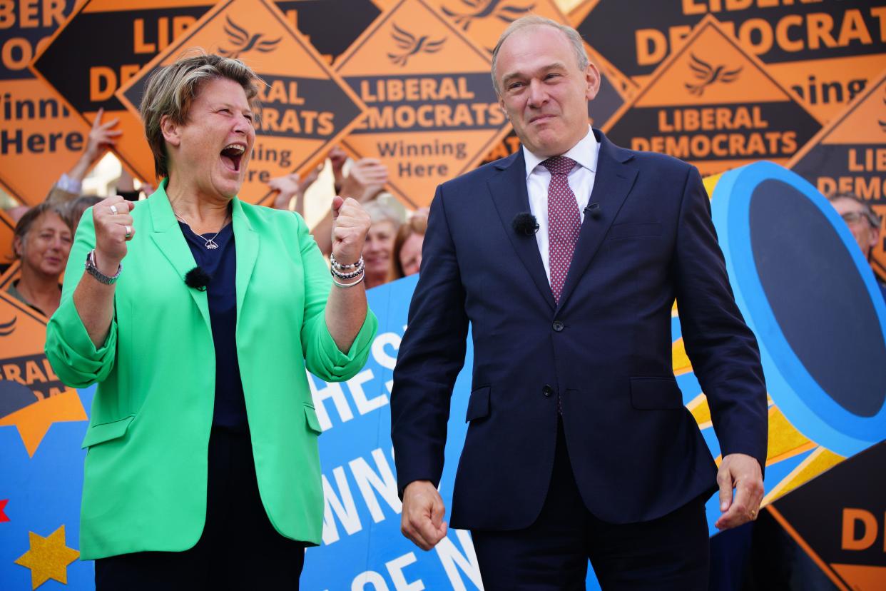Newly elected Liberal Democrat MP Sarah Dyke with party leader Sir Ed Davey in Frome, Somerset, after winning the Somerton and Frome by-election. Picture date: Friday July 21, 2023.